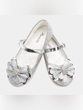 Girls Silver Glitter Mary Jane Flats with Bow 0014